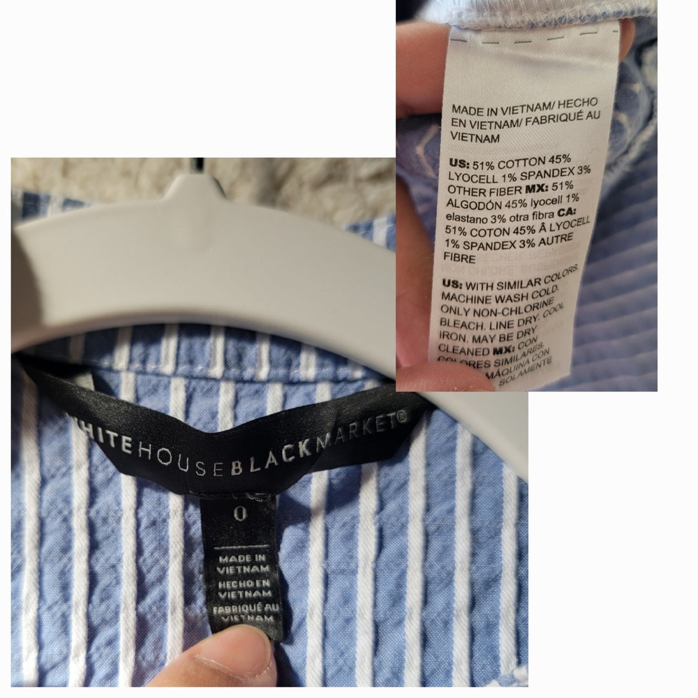 WHBM Vertical Stripe Blue White Seersucker Drop Waist Midi Dress Size 0 Pocket - Picture 7 of 8